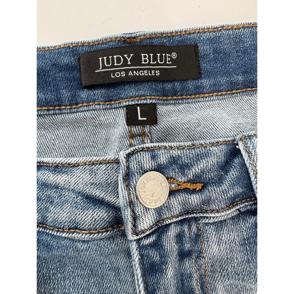 Judy Blue Women's Distressed Denim Shorts with Colorful Patches Size L - Picture 4 of 13